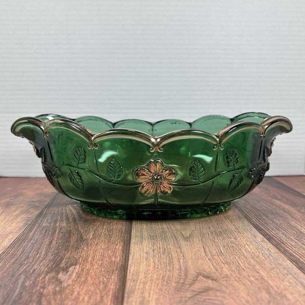 Antique CA. 1915 United States Glass Green Bowl Dogwood Paneled Floral Pattern - Picture 2 of 12